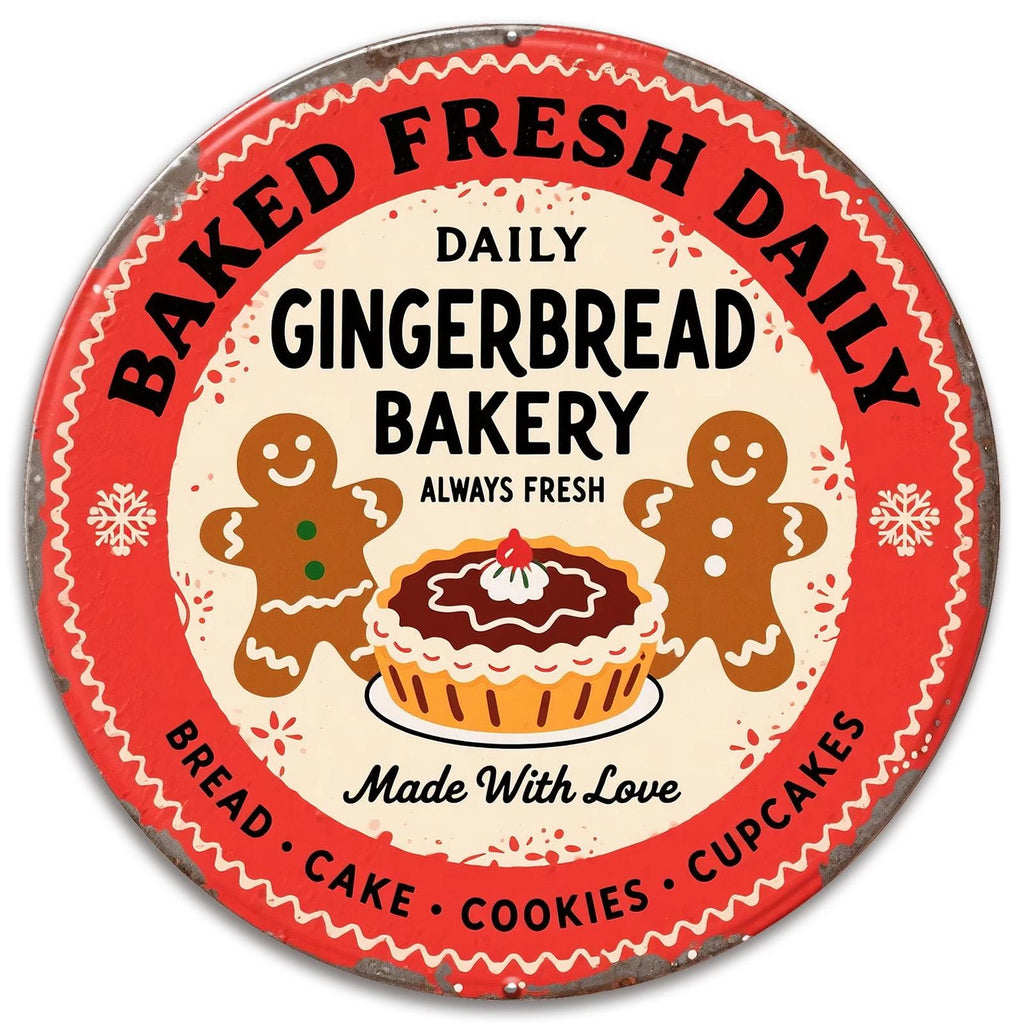 Gingerbread Bakery Metal Tin Sign: Fresh Baked Christmas Kitchen Decor
