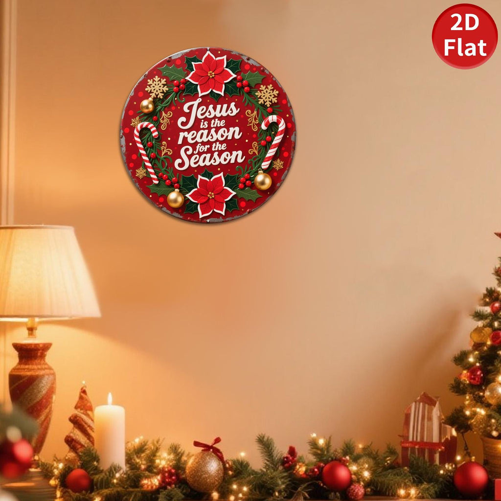 Religious Christmas Ornament: Jesus, Poinsettia & Candy Cane Design