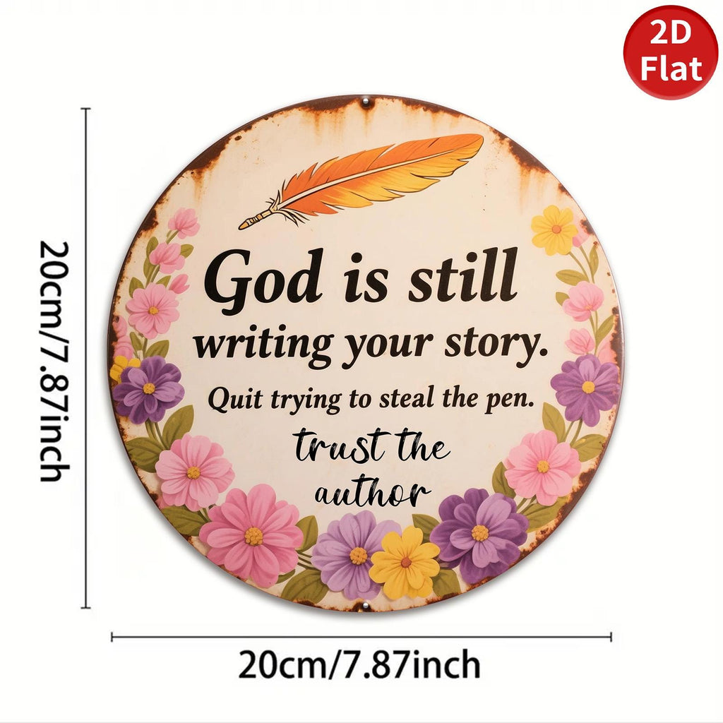 Inspirational Metal Sign: Floral Feather Design, Motivational Quote, 8x8