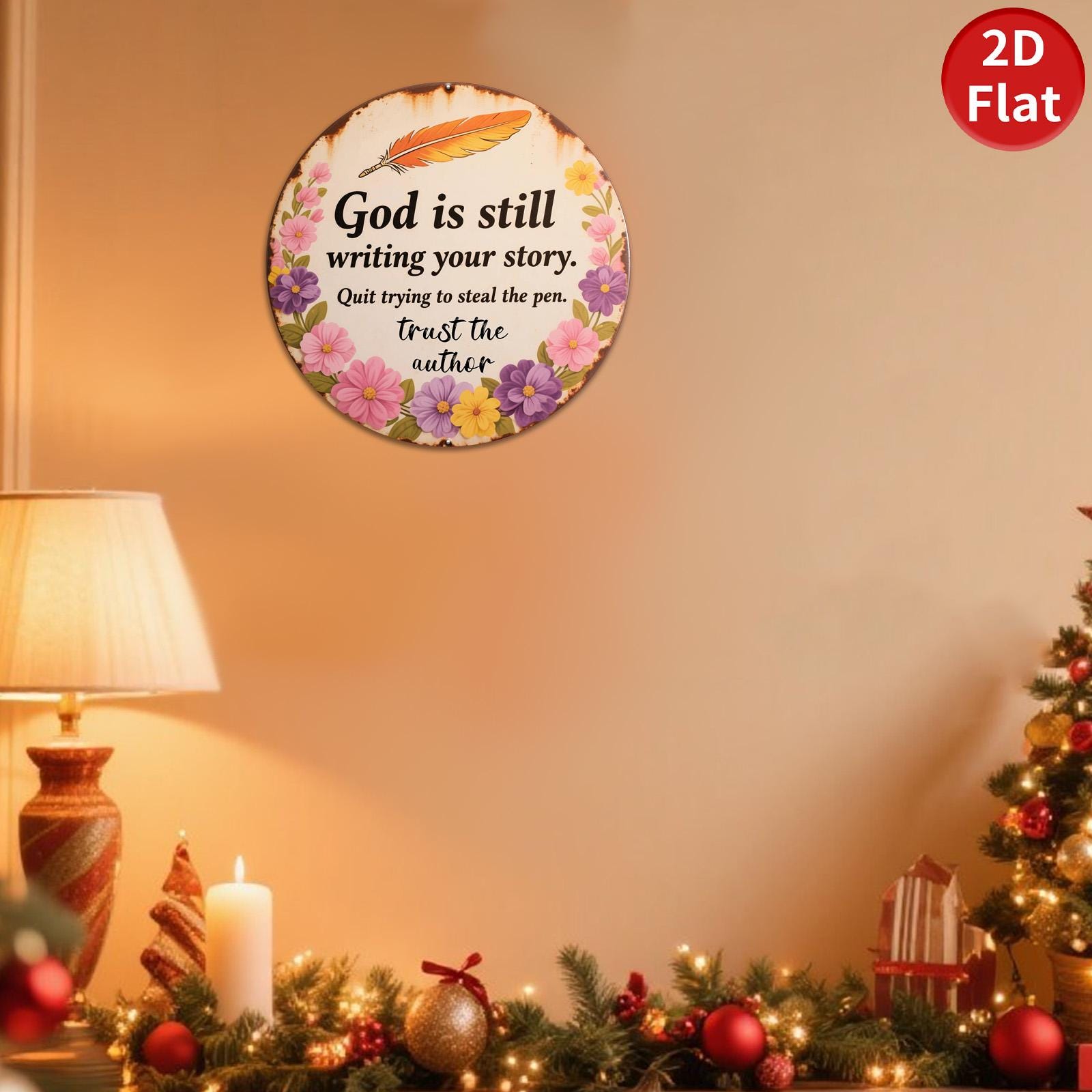 Inspirational Metal Sign: Floral Feather Design, Motivational Quote, 8x8