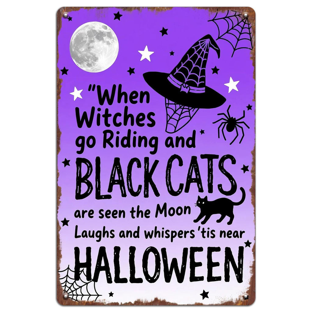 Pancarte murale d'Halloween vintage en métal | Sorcières, chats et lune | Décoration effrayante