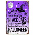 Pancarte murale d'Halloween vintage en métal | Sorcières, chats et lune | Décoration effrayante