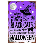 Pancarte murale d'Halloween vintage en métal | Sorcières, chats et lune | Décoration effrayante