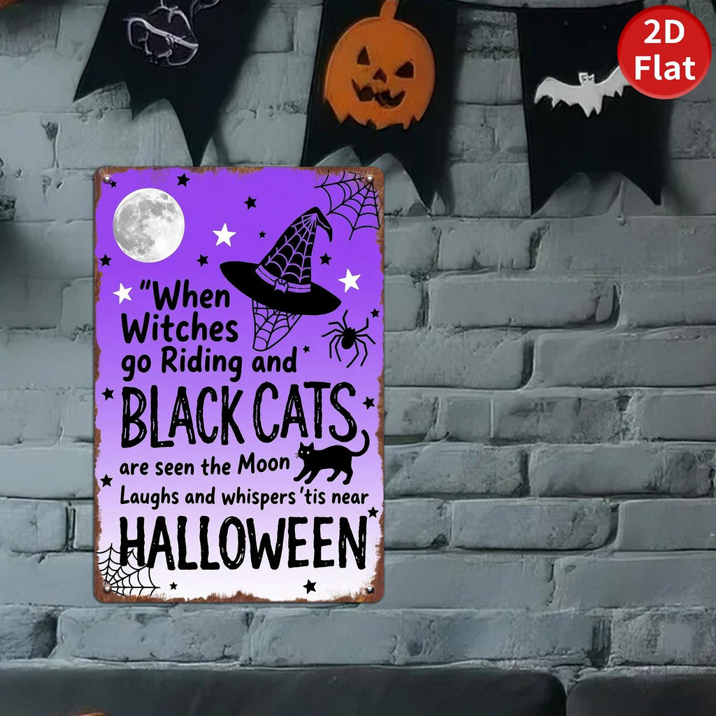 Pancarte murale d'Halloween vintage en métal | Sorcières, chats et lune | Décoration effrayante