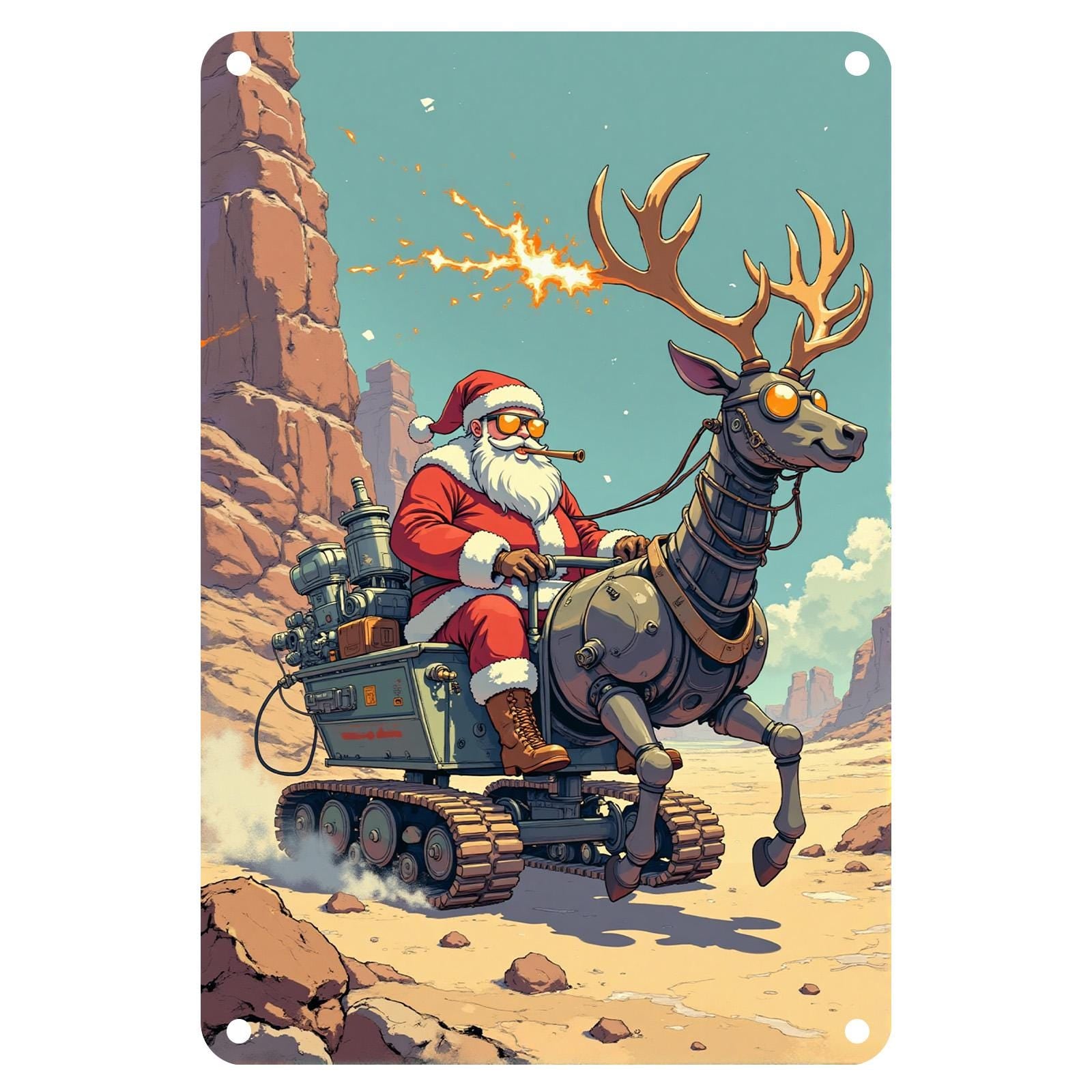 Steampunk Santa Metal Sign: Vintage Christmas Garage Decor