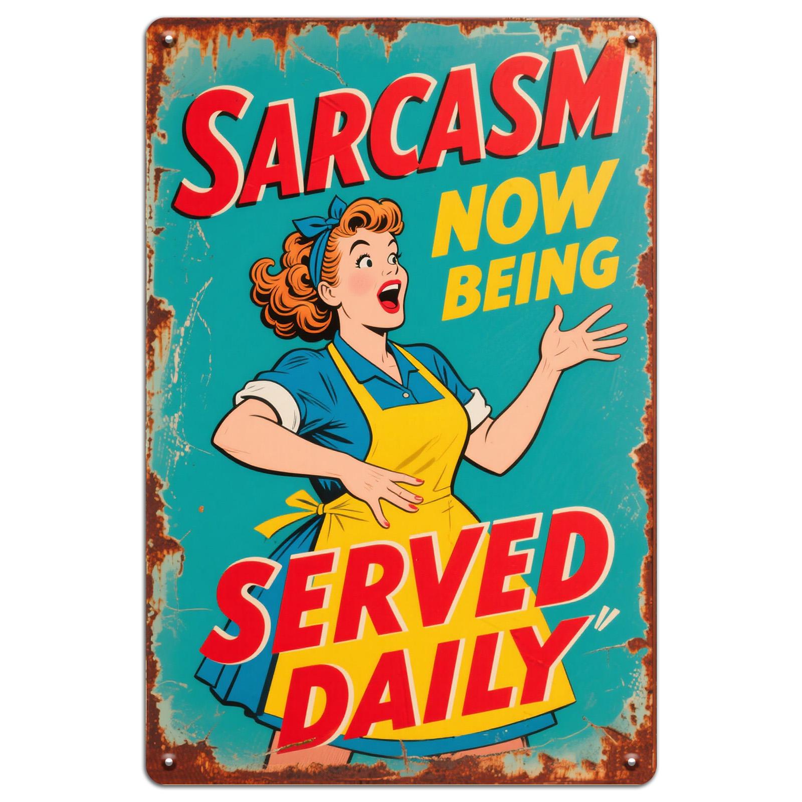 Sarcasm Served Daily Metal Sign: Retro Humor Kitchen Bar Decor