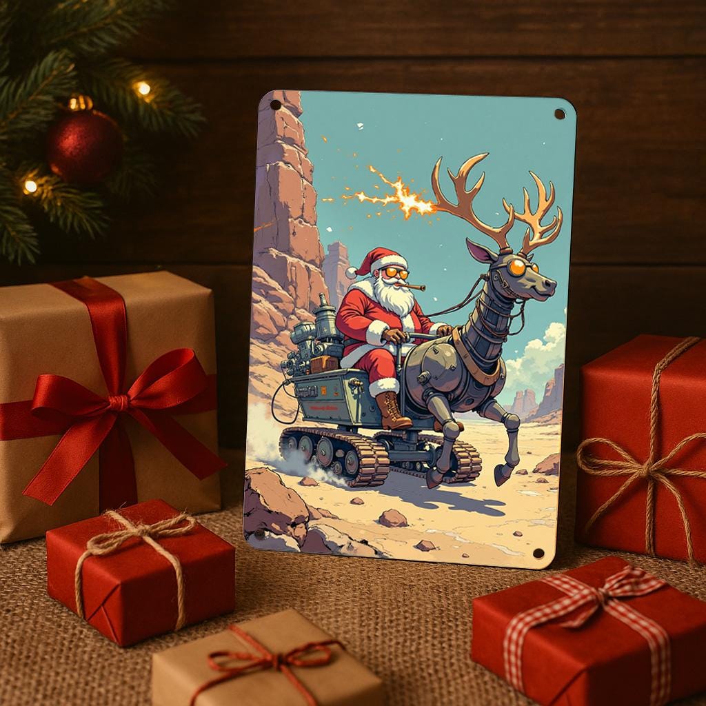 Steampunk Santa Metal Sign: Vintage Christmas Garage Decor