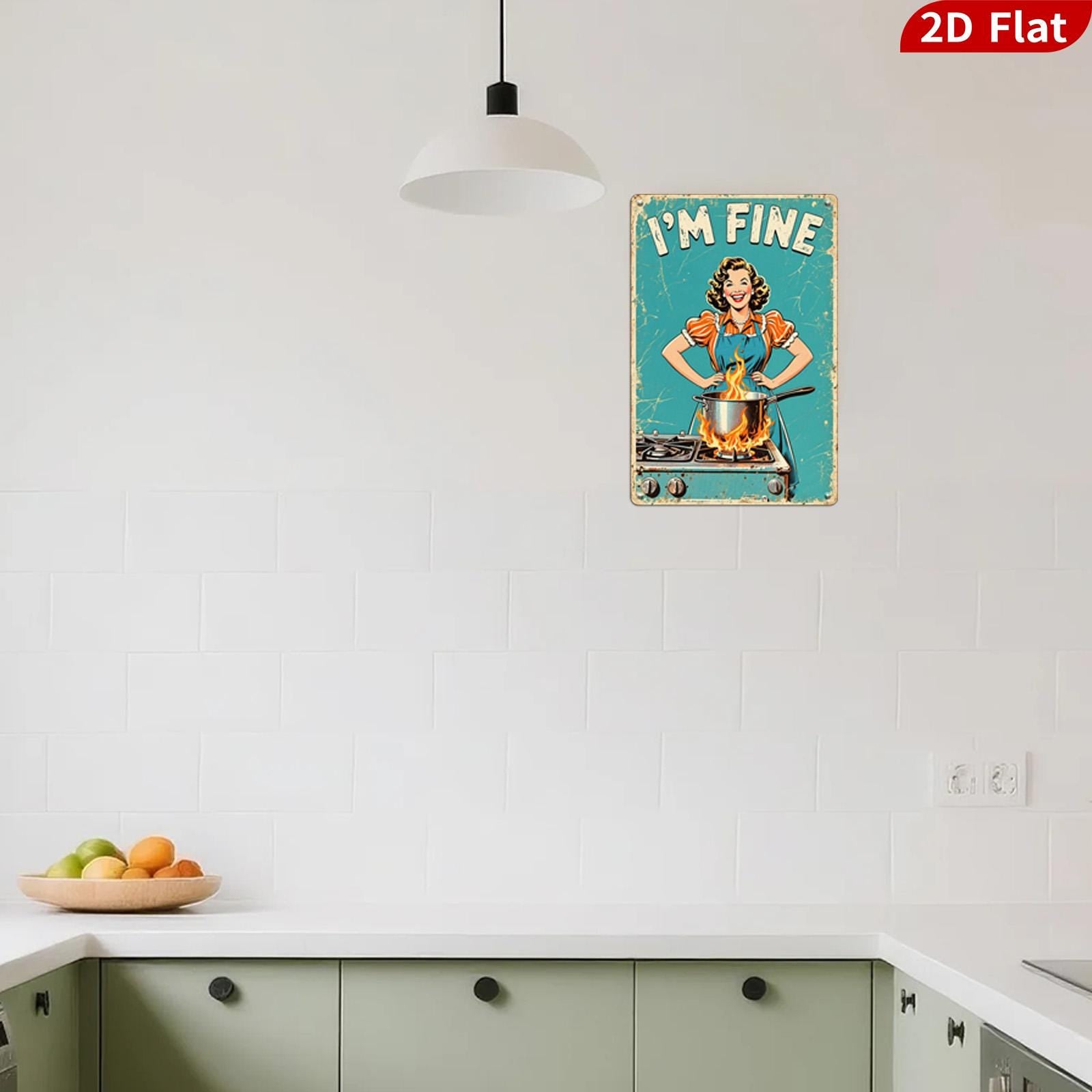 Vintage Metal Sign: Humorous Kitchen Art - I'M FINE Woman Cooking