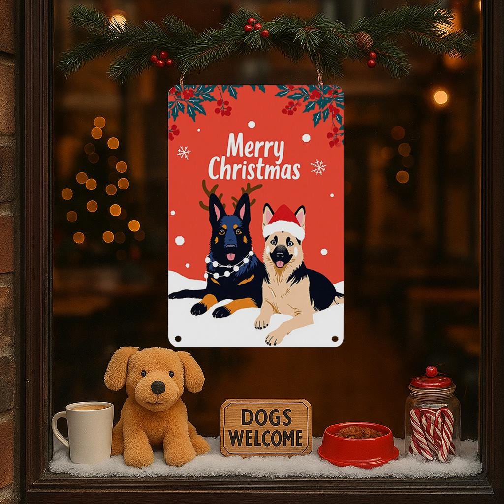 German Shepherd Christmas Metal Sign: Rustic Holiday Dog Decor