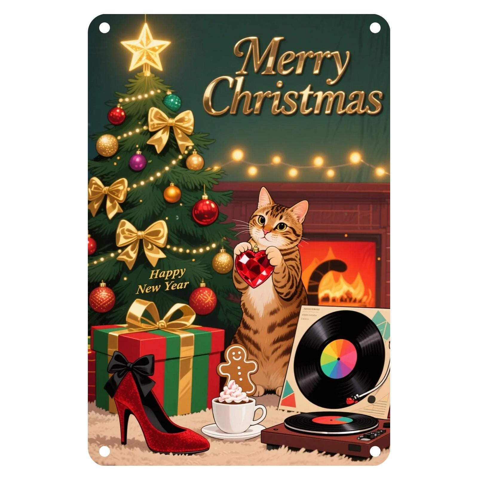 Christmas Cat Metal Sign: Vintage Holiday Fireplace Decor