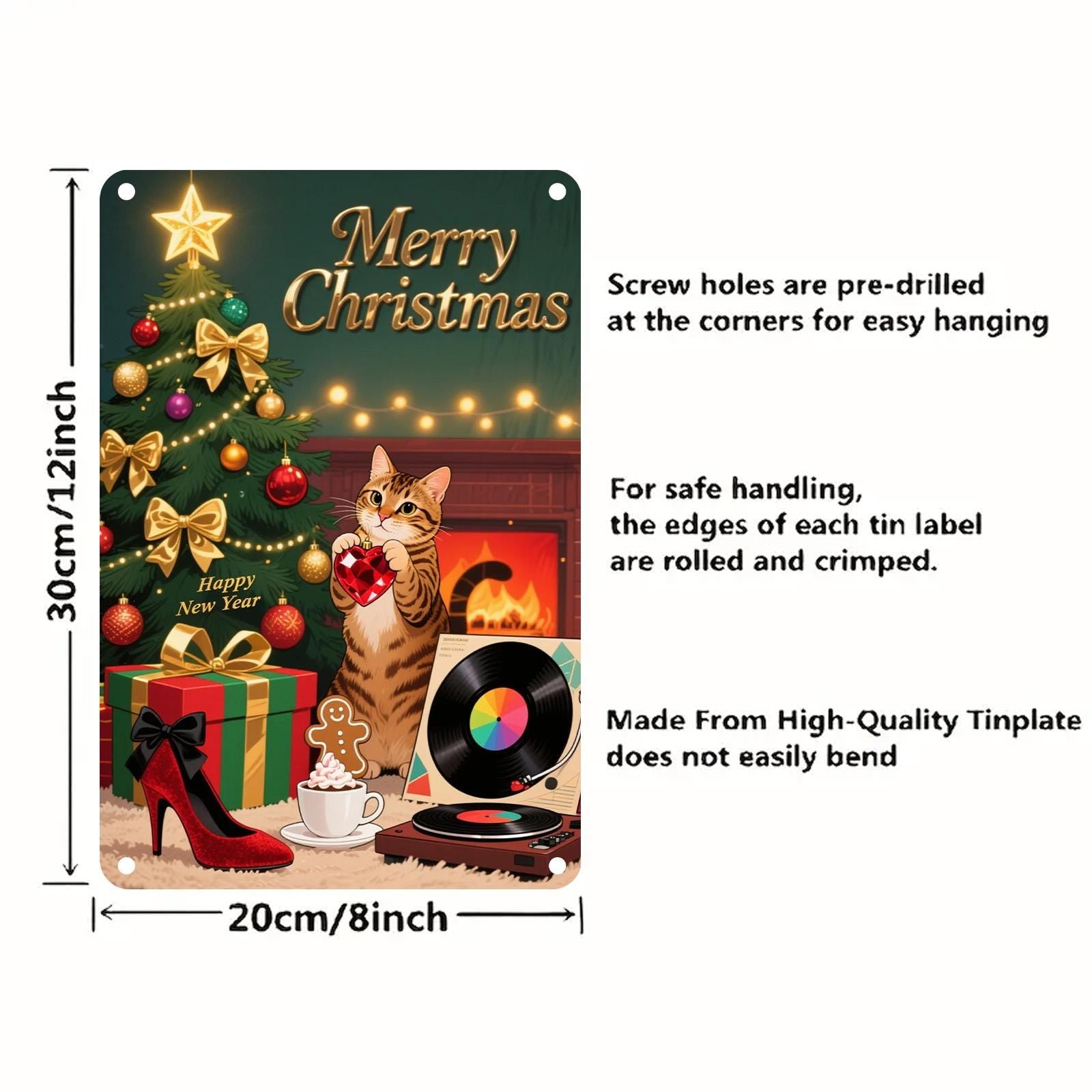 Christmas Cat Metal Sign: Vintage Holiday Fireplace Decor