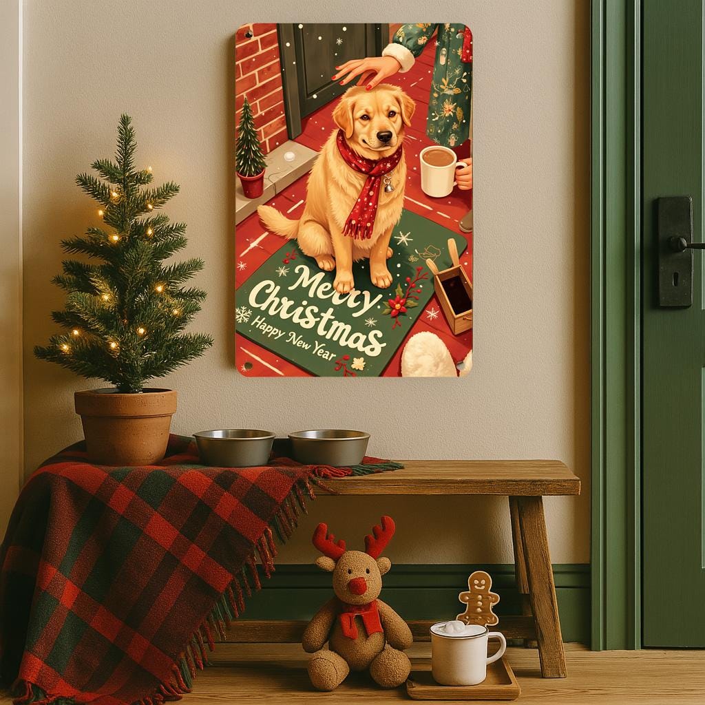 Golden Retriever Christmas Metal Sign: Holiday Pet Decor