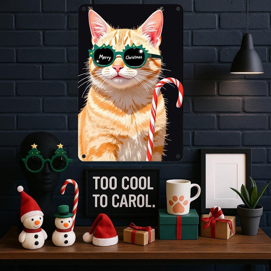Funny Christmas Cat Metal Sign: Holiday Pet Lover Decor