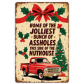 Vintage Christmas Metal Sign: Red Truck, Holly - "Home of the Jolliest Bunch"
