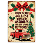 Vintage Christmas Metal Sign: Red Truck, Holly - "Home of the Jolliest Bunch"