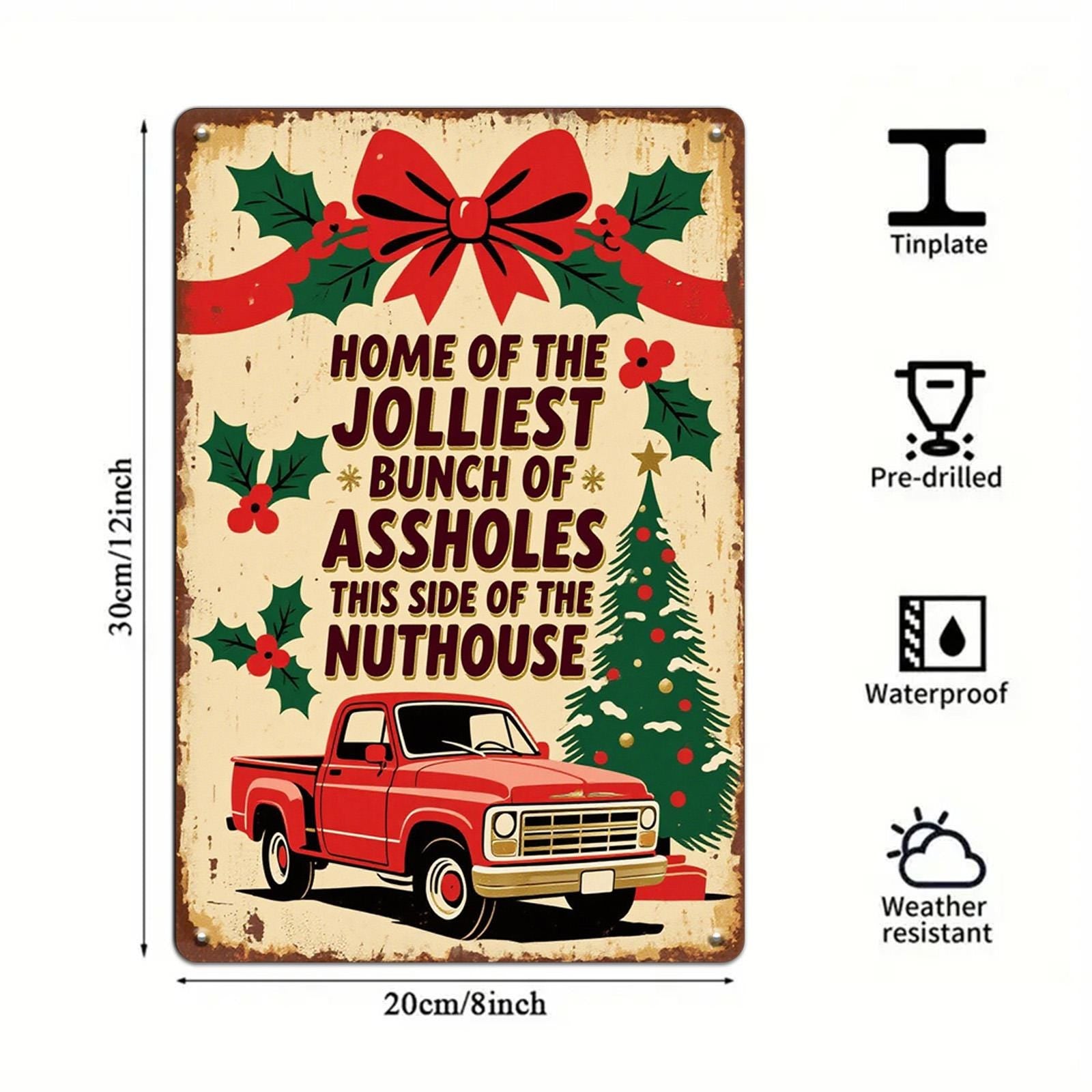 Vintage Christmas Metal Sign: Red Truck, Holly - "Home of the Jolliest Bunch"