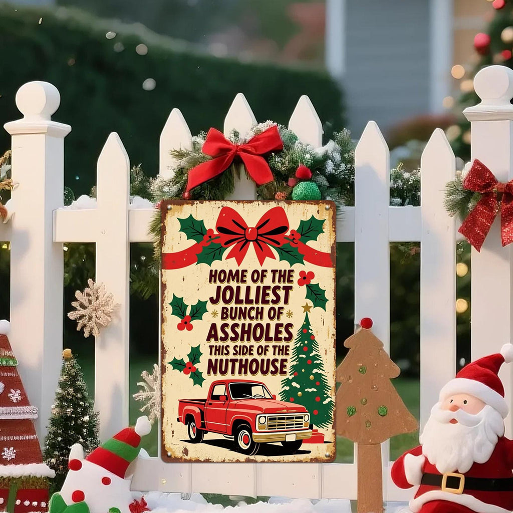 Vintage Christmas Metal Sign: Red Truck, Holly - "Home of the Jolliest Bunch"