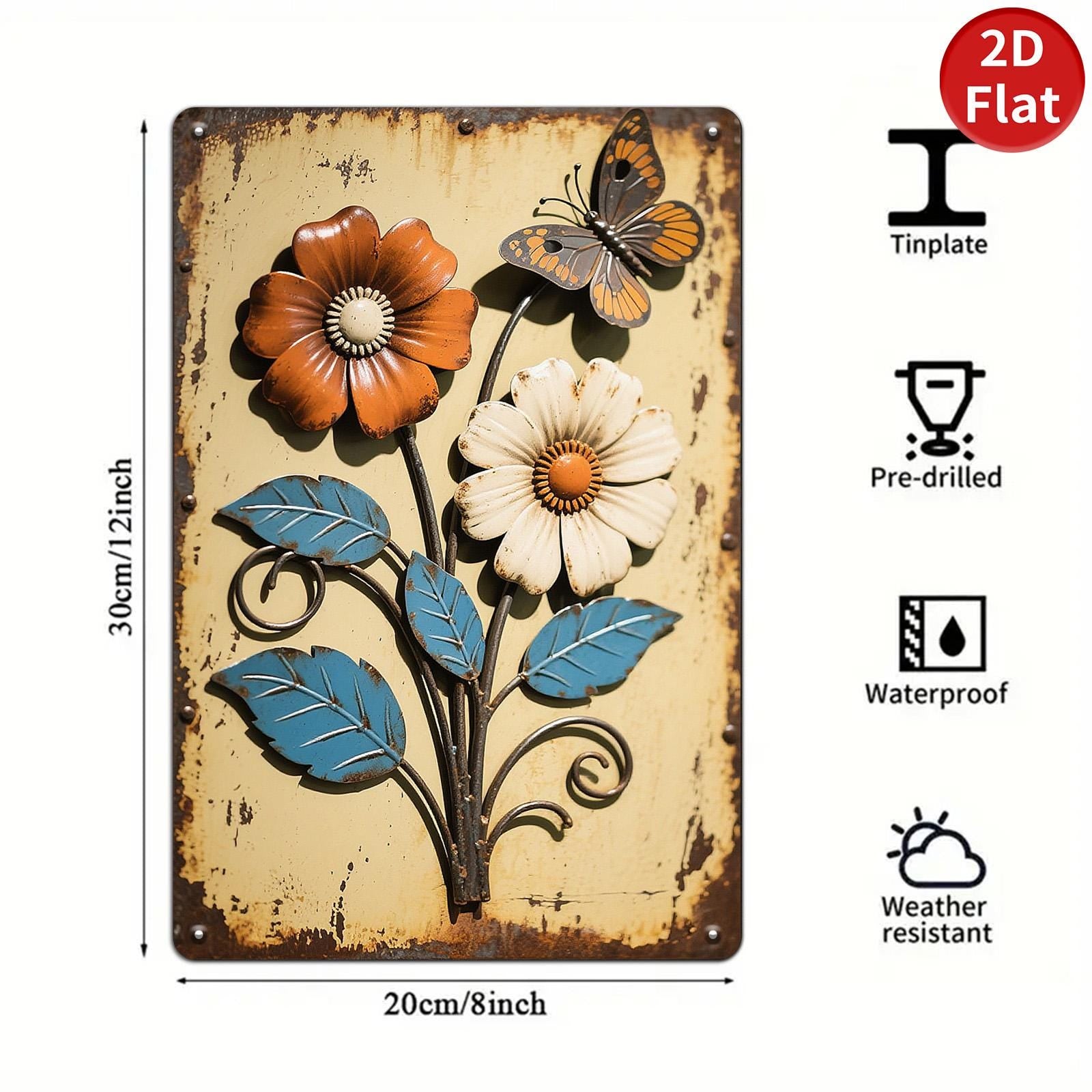 Vintage Floral Metal Wall Art: Rustic Butterfly Decor - 8x12 Tin Sign