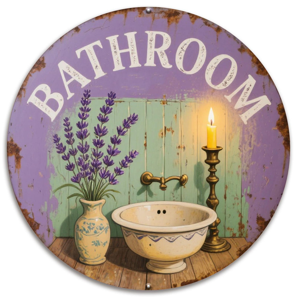 Vintage Lavender Bathroom Sign: Rustic Farmhouse Metal Wall Art
