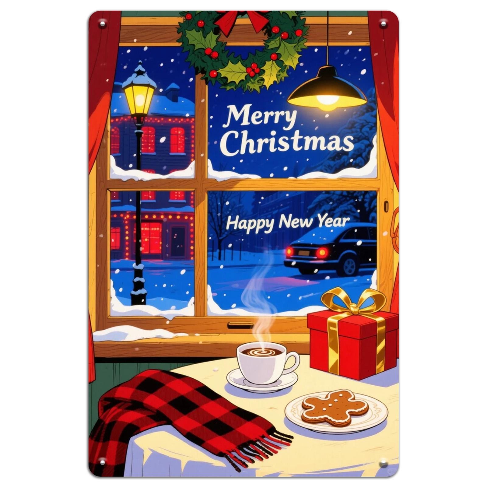 Christmas Window Scene Metal Sign: Cozy Holiday Winter Decor