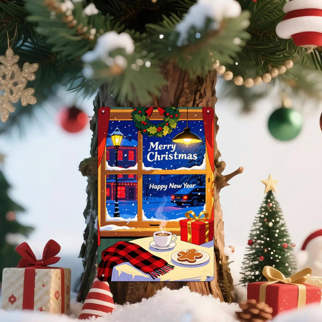 Christmas Window Scene Metal Sign: Cozy Holiday Winter Decor