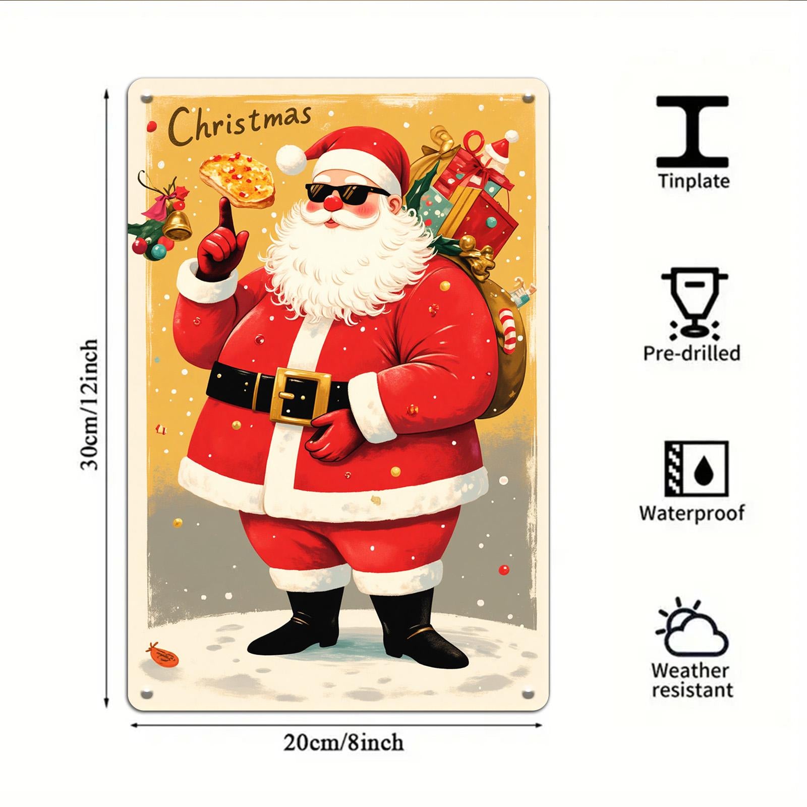 Funny Santa Pizza Metal Sign: Unique Christmas Holiday Decor