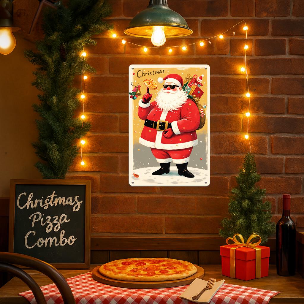 Funny Santa Pizza Metal Sign: Unique Christmas Holiday Decor