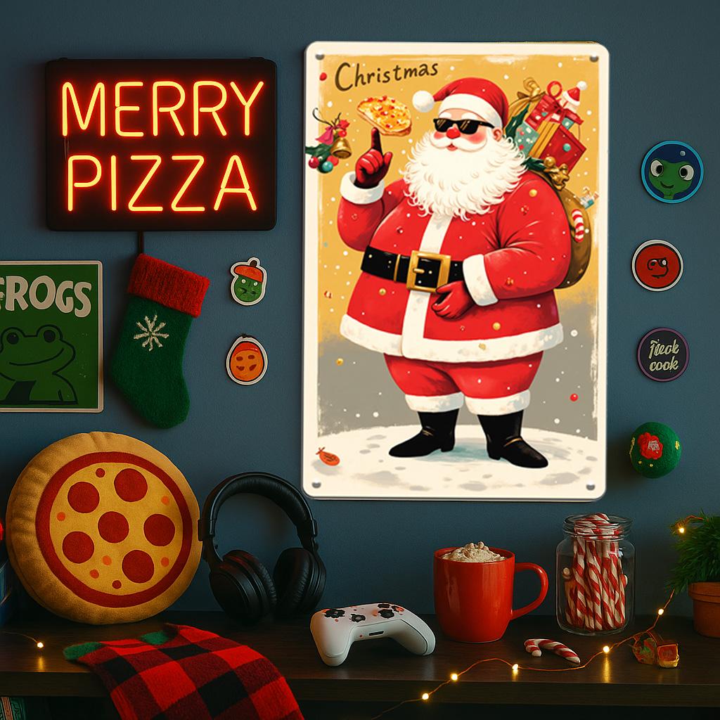Funny Santa Pizza Metal Sign: Unique Christmas Holiday Decor