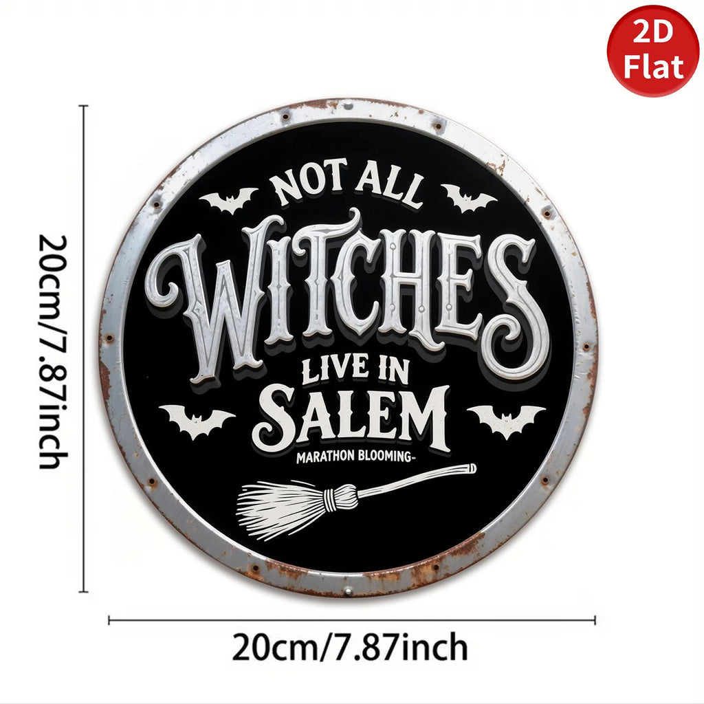 Gothic Witch Metal Sign: Halloween Bat & Broom Decor - 8x8