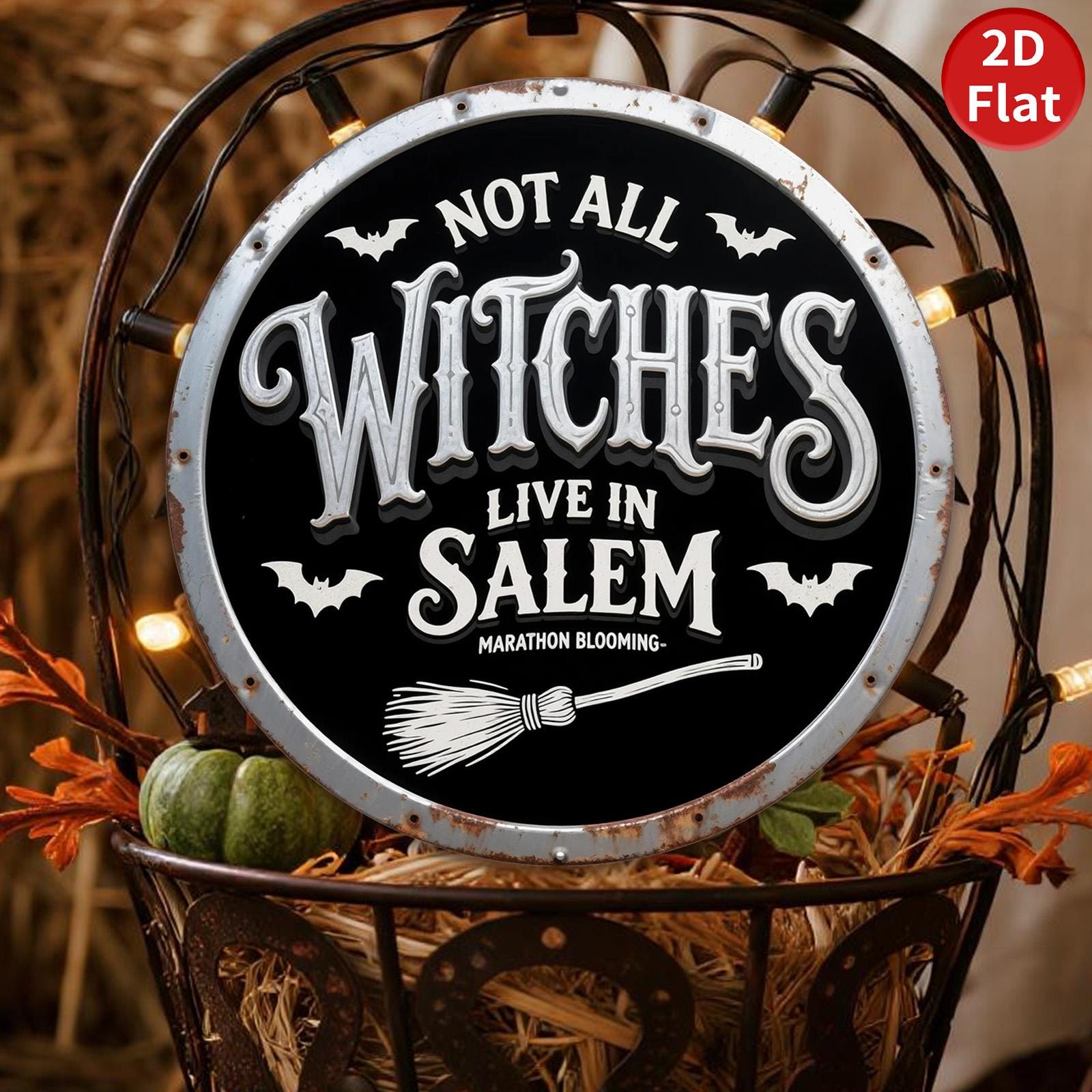 Gothic Witch Metal Sign: Halloween Bat & Broom Decor - 8x8