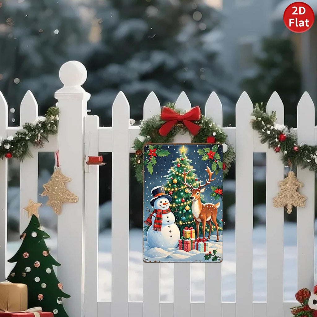 Vintage Weihnachts-Blechschild | Schneemann, Hirsch und Baum Bauernhaus-Dekor