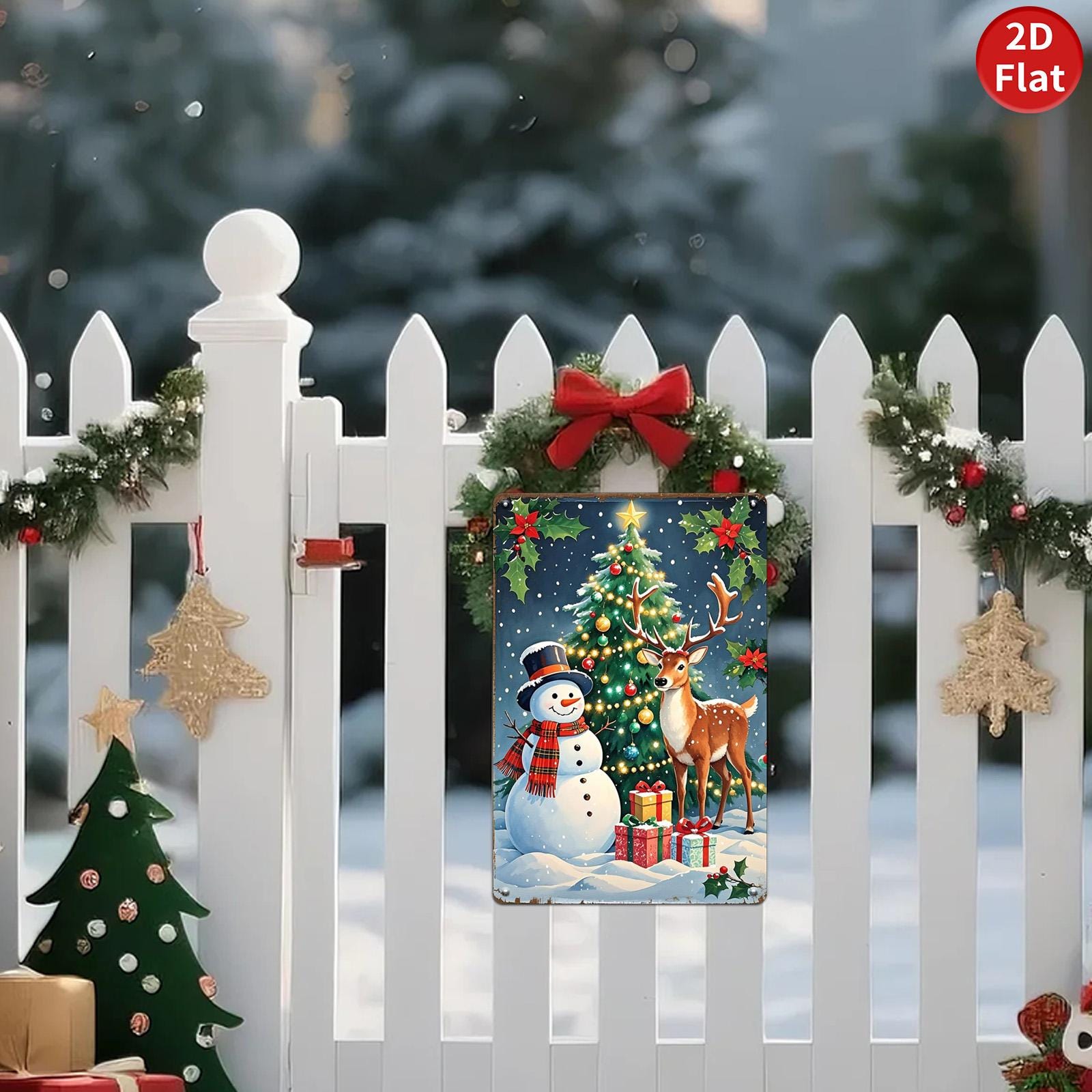 Vintage Christmas Metal Tin Sign: Snowman, Deer, and Tree Farmhouse Decor