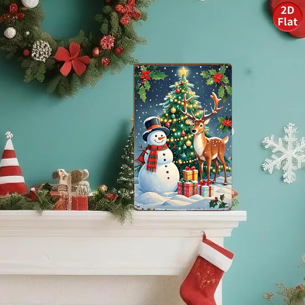 Vintage Weihnachts-Blechschild | Schneemann, Hirsch und Baum Bauernhaus-Dekor