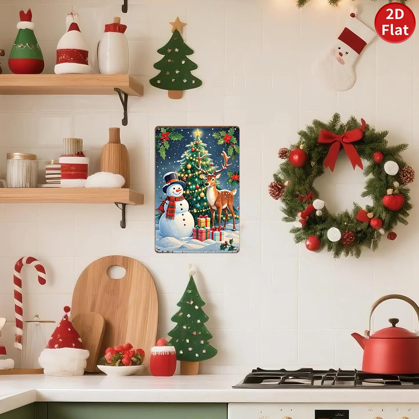 Vintage Christmas Metal Tin Sign: Snowman, Deer, and Tree Farmhouse Decor