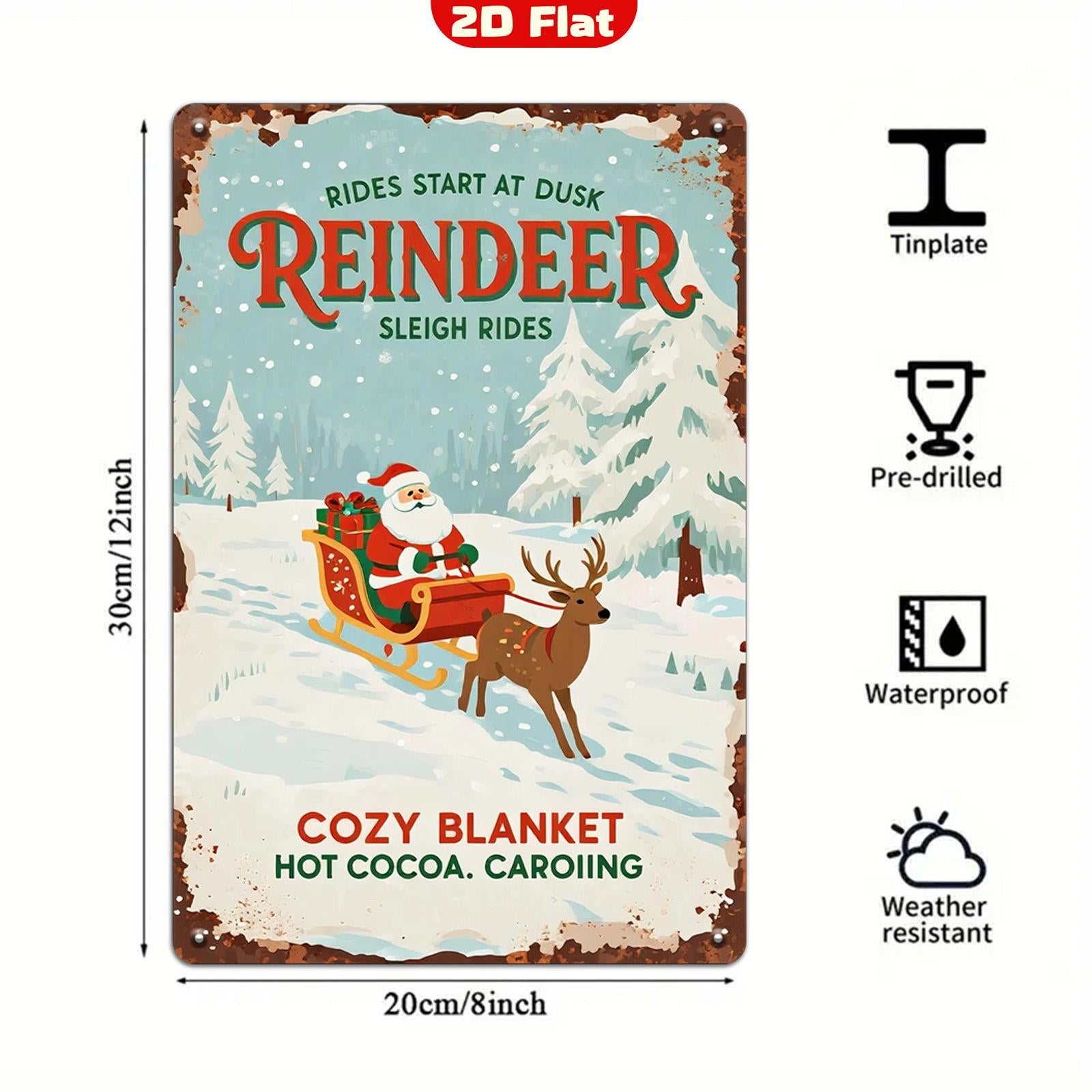 Rustic Christmas Tin Sign: Vintage Reindeer Sleigh Ride Wall Art