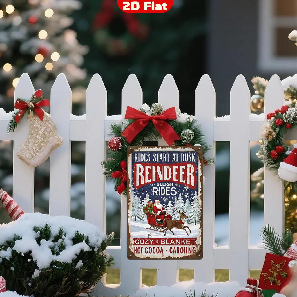 Vintage Christmas Metal Tin Sign: Reindeer Sleigh Ride, Holiday Wall Art