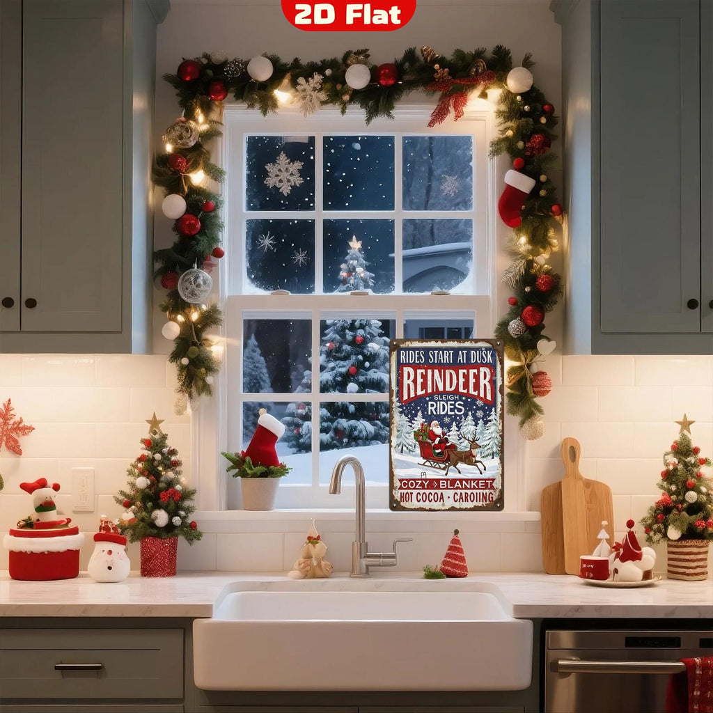 Vintage Christmas Metal Tin Sign: Reindeer Sleigh Ride, Holiday Wall Art