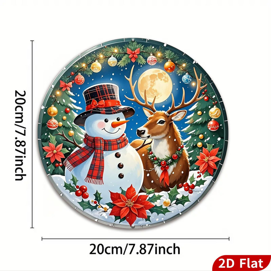 Plaque en métal décorative Scène d'hiver vintage | Bonhomme de neige et cerf Décoration de Noël
