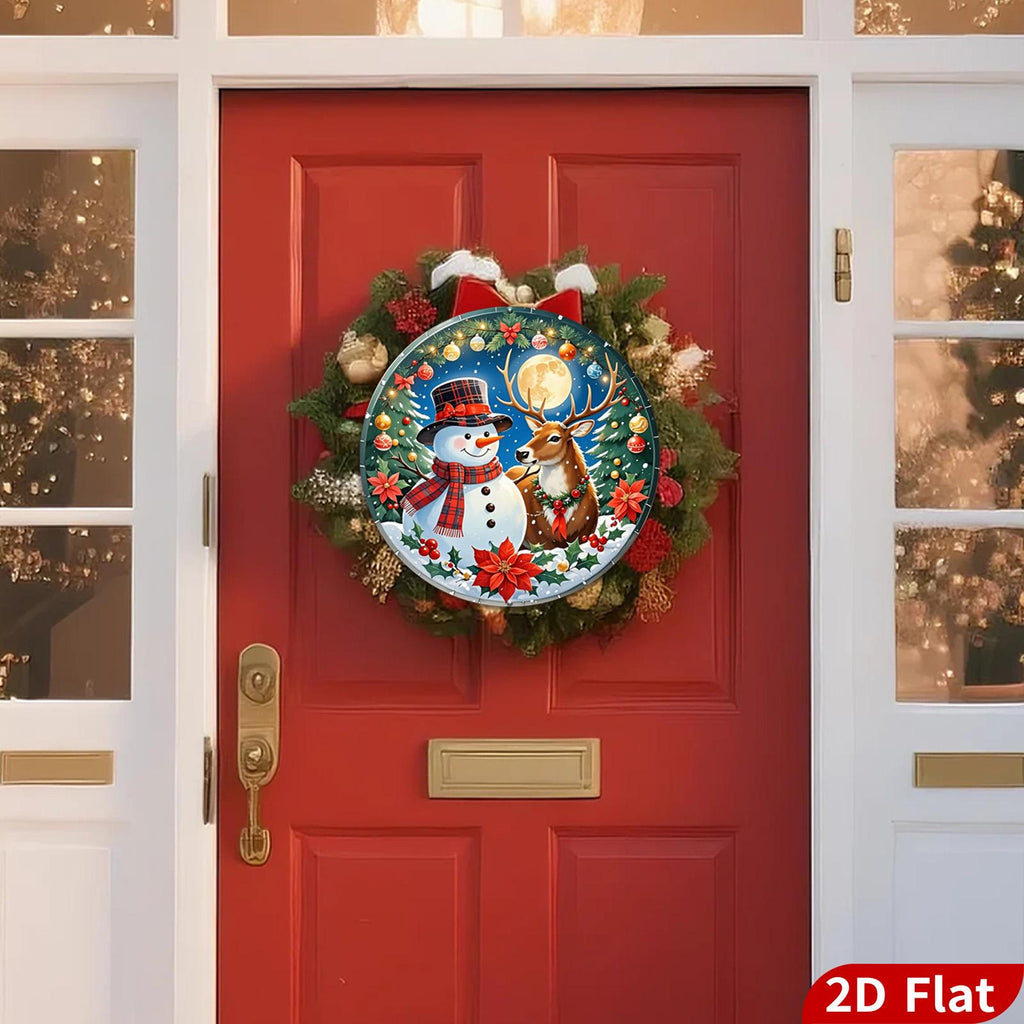 Plaque en métal décorative Scène d'hiver vintage | Bonhomme de neige et cerf Décoration de Noël