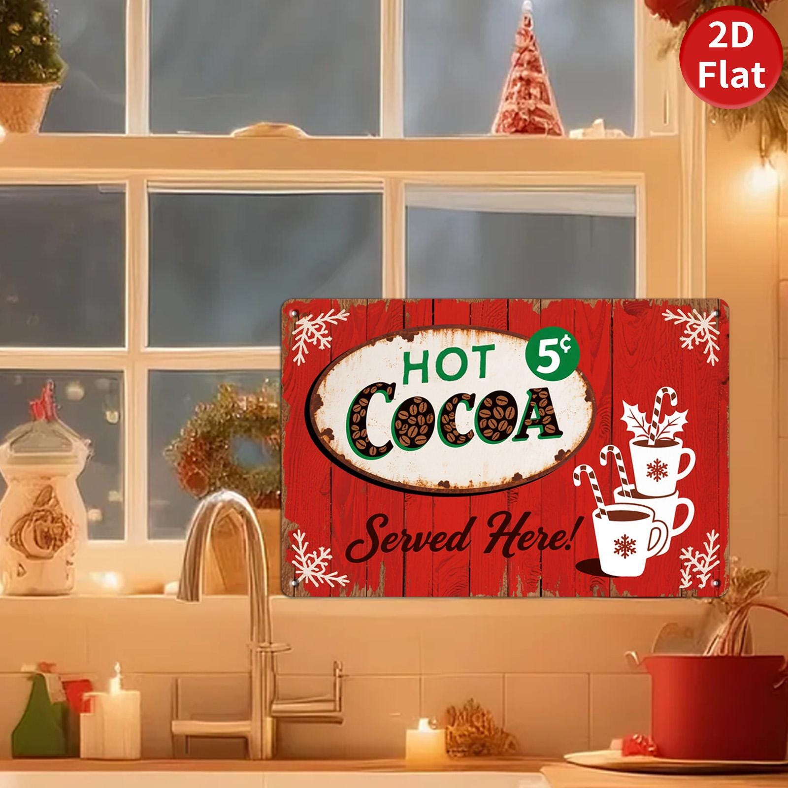 Rustic Hot Cocoa Metal Tin Sign: Vintage Christmas Cafe Decor