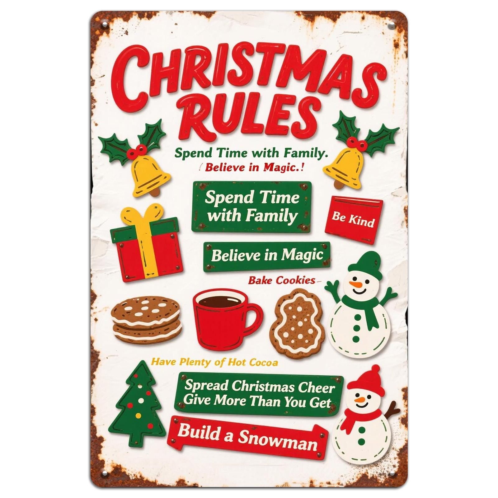 Vintage Christmas Rules Metal Tin Sign: Holiday Home Decor