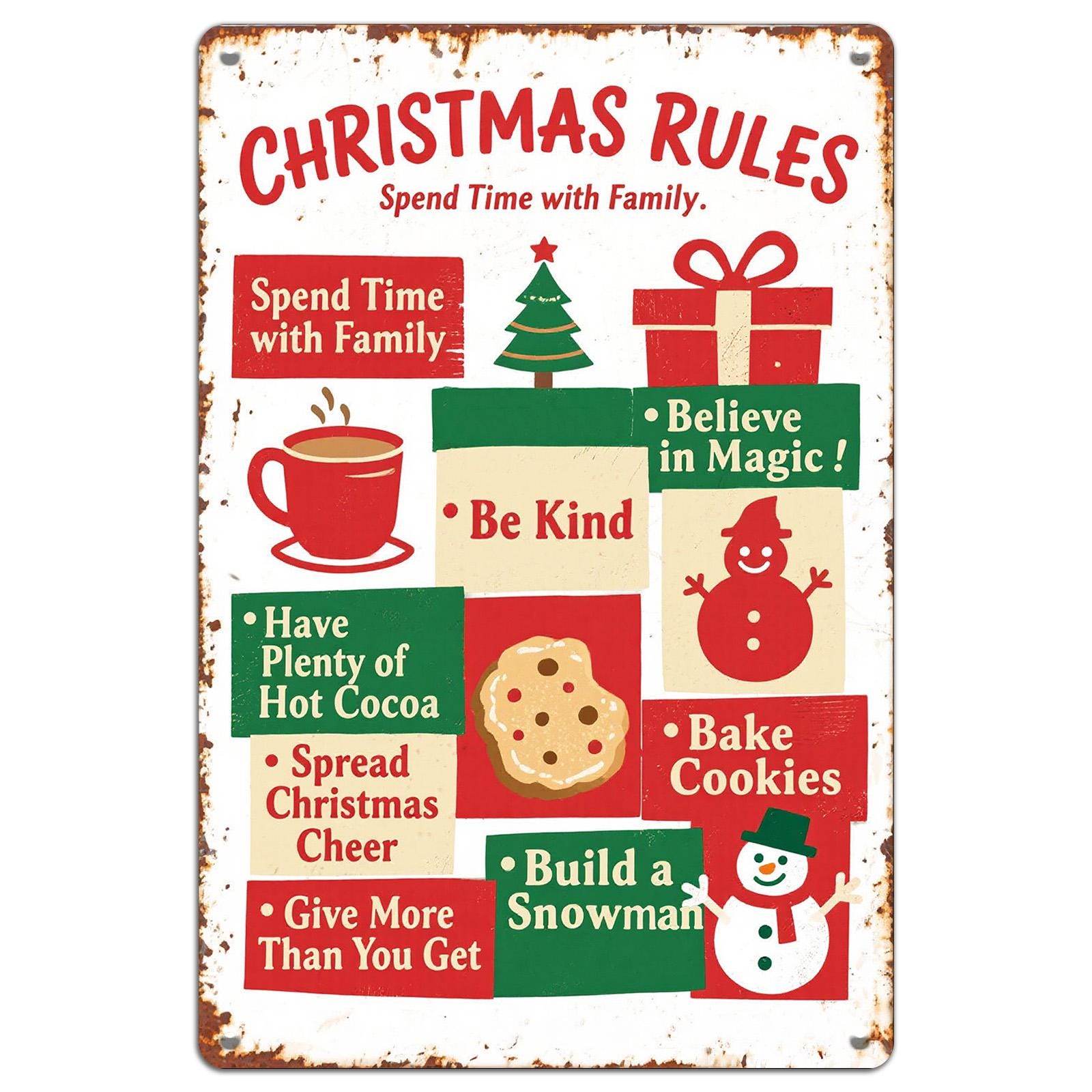 Vintage Christmas Rules Metal Tin Sign: Rustic Holiday Wall Decor