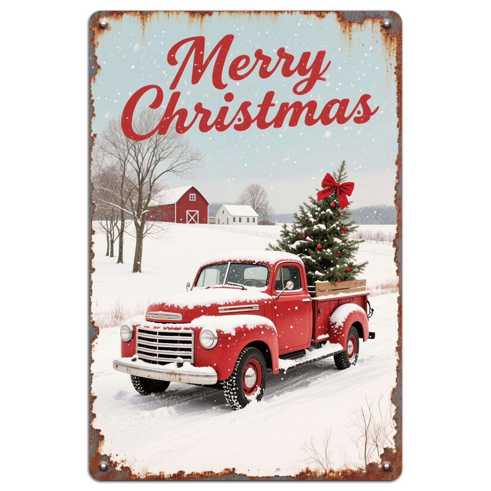 Vintage Christmas Metal Tin Sign: Rustic Red Truck Farmhouse Decor