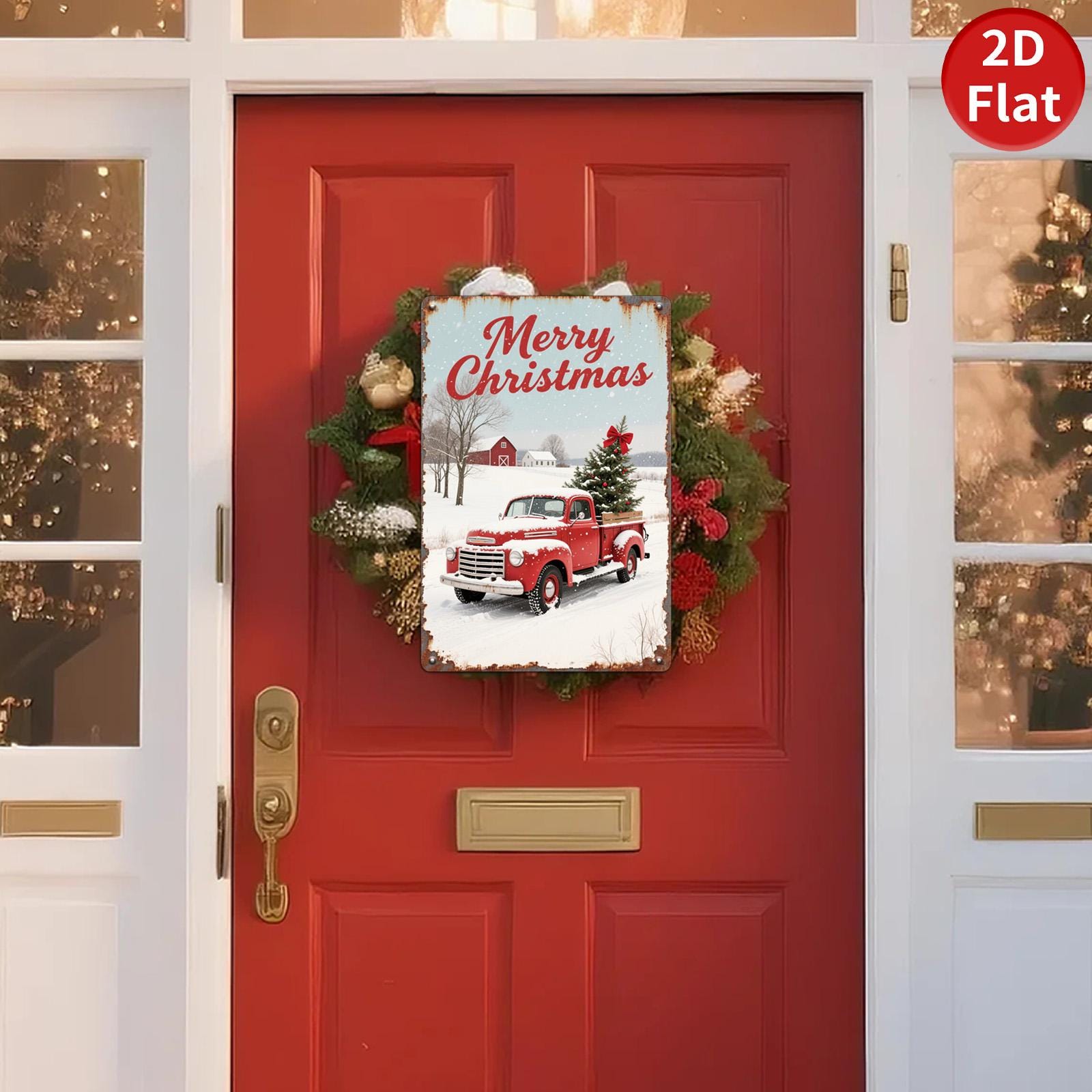 Vintage Christmas Metal Tin Sign: Rustic Red Truck Farmhouse Decor