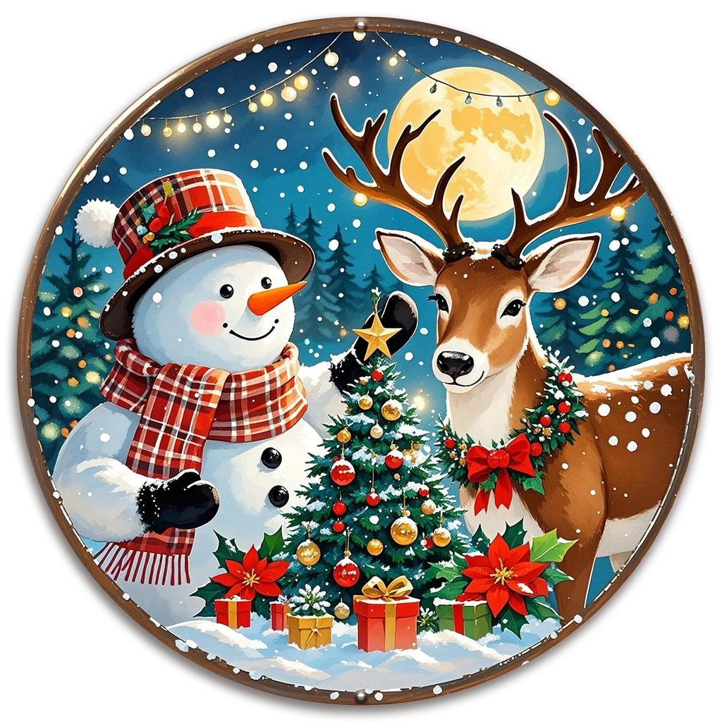 Décoration Murale Métal Noël Vintage | Panneau Métal Bonhomme de Neige & Cerf