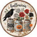 Halloween Crow Metal Sign: Gothic Roses, Pumpkin, Spooky Decor