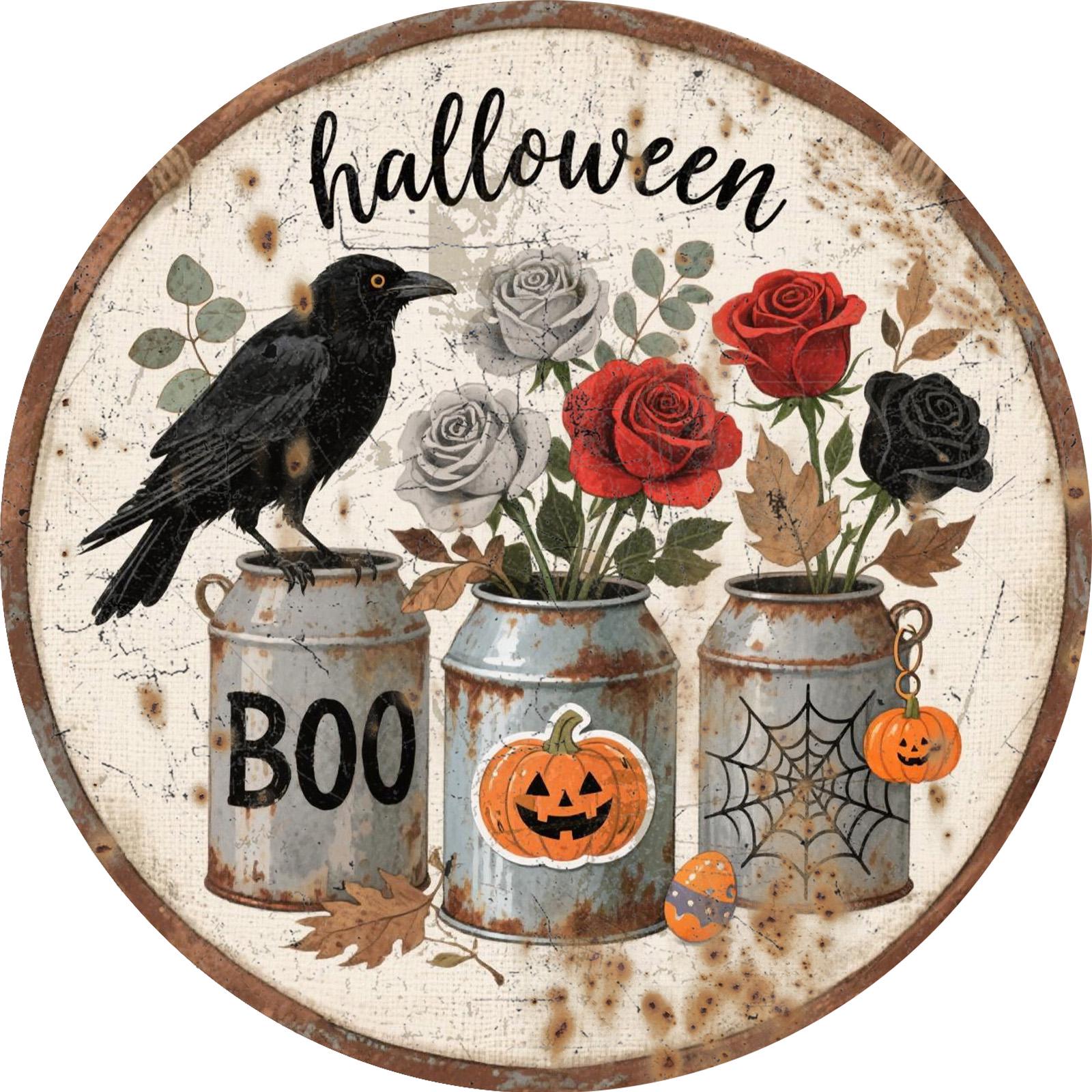 Halloween Crow Metal Sign: Gothic Roses, Pumpkin, Spooky Decor