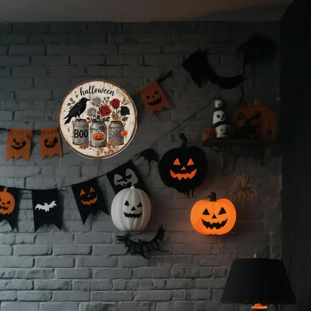 Halloween Crow Metal Sign: Gothic Roses, Pumpkin, Spooky Decor