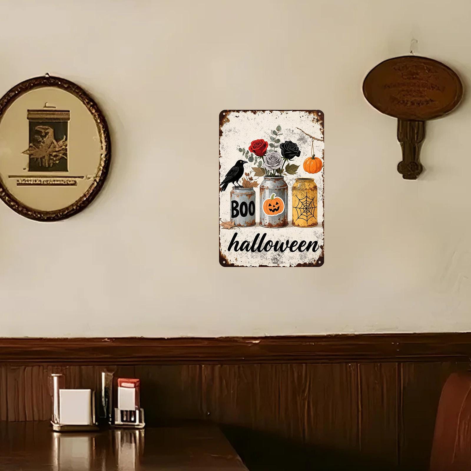 Halloween Crow Metal Sign: Gothic Roses, Pumpkin, Spider Web Decor