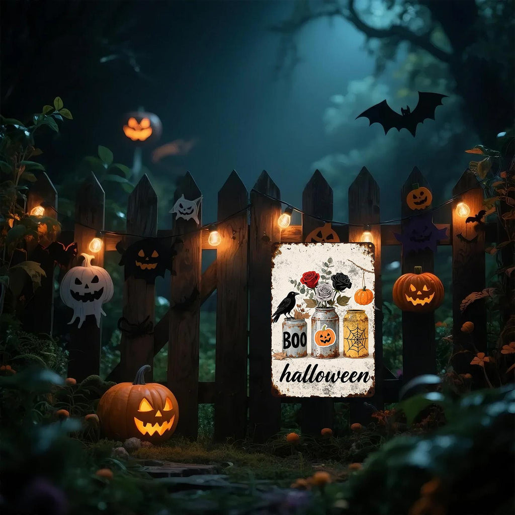 Halloween Crow Metal Sign: Gothic Roses, Pumpkin, Spider Web Decor